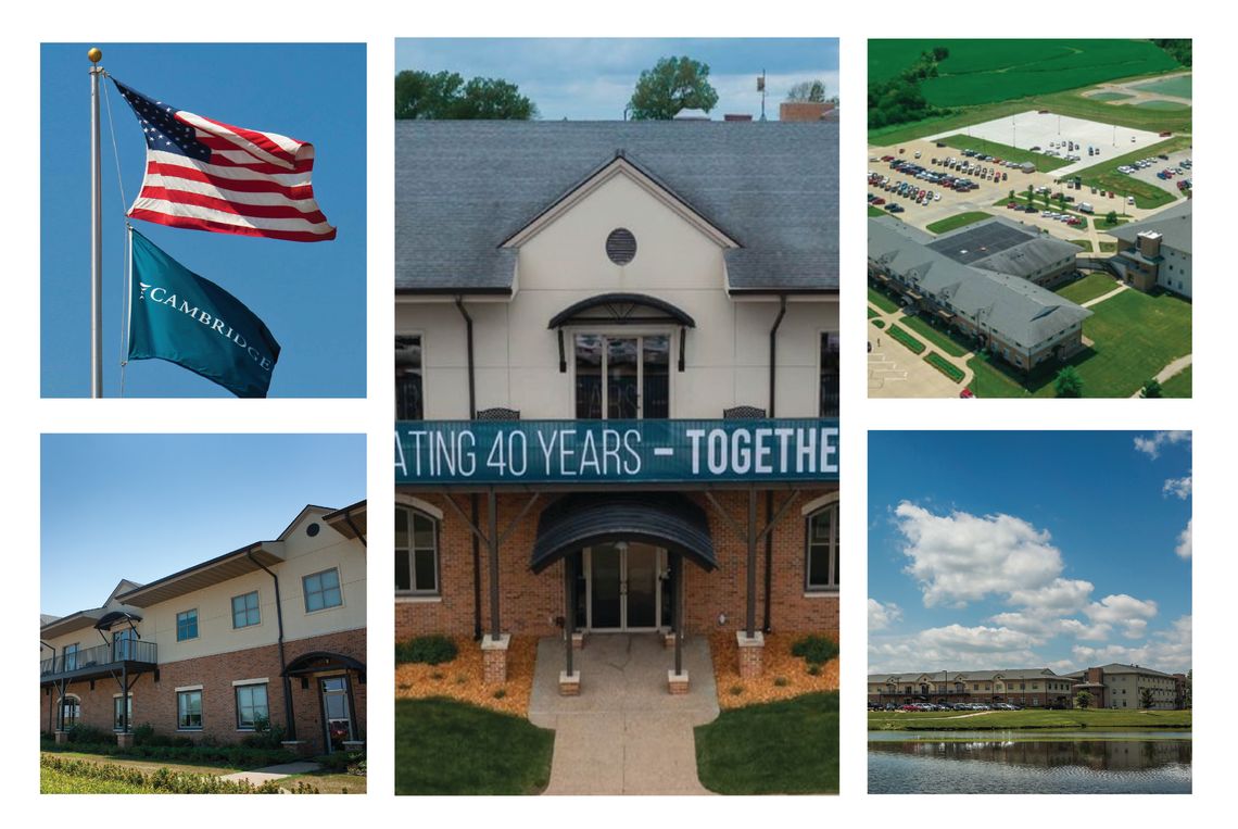 A collage of diverse buildings paired with the flags of America and Cambridge